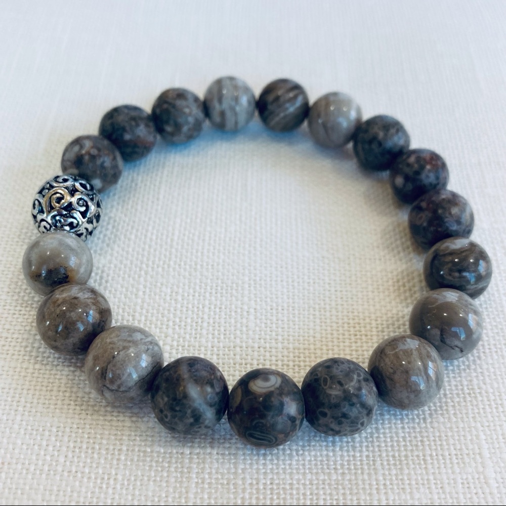 Handcrafted Fossil Coral Beaded Stretch Bracelet 10mm Gemstones & Silver-Plated - Picture 3 of 10